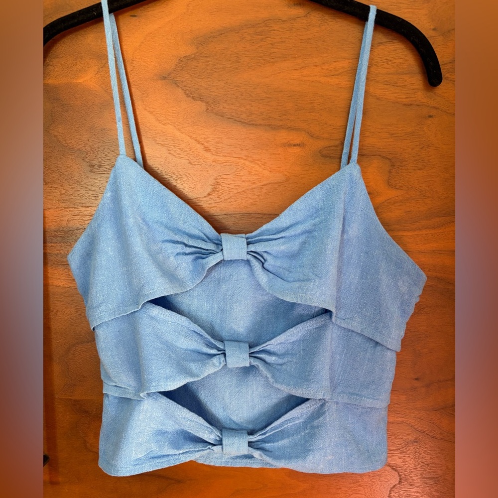 Linen blend Light Blue Triple-Bow Spaghetti Strap Camisole